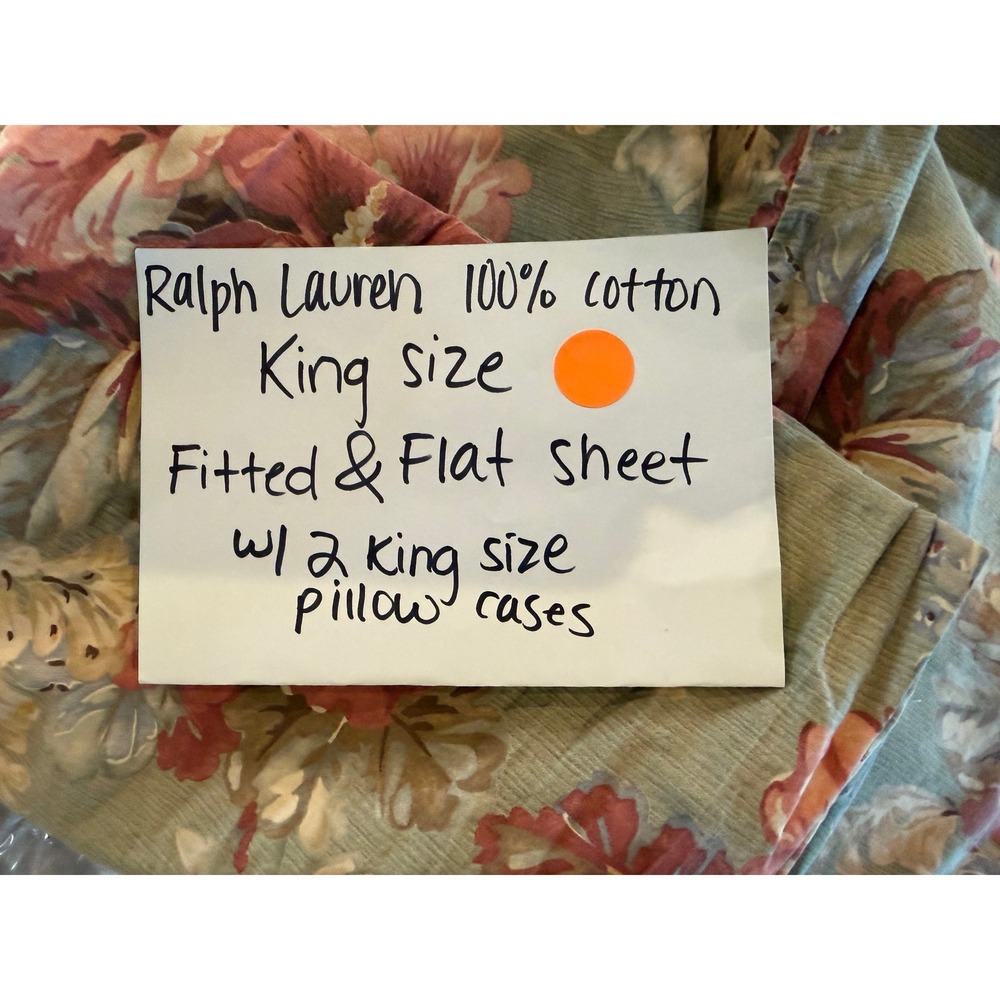 Vintage 90s Ralph Lauren Charlotte Sage Green Cabbage Rose King Sheet Set 4pc